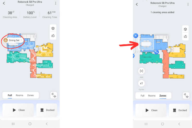 Cleaning under the furniture on the Roborock app